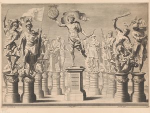 Allegoria Savoy-talon kunniaksi legendaarisilla hahmoilla jalustoilla tekijältä Claude Mellan