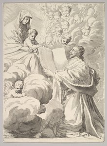 Kardinaali Richelieu, polvillaan, esittelee kirjansa neitsyelle ja lapselle, n. 1646. tekijältä Claude Mellan