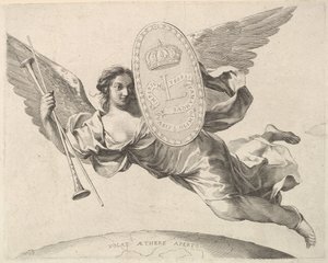Fame Bearing a Shield Louis XIV:n nimikirjaimella La Renommée volant. tekijältä Claude Mellan