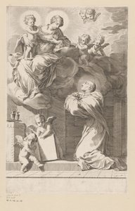 H. Bernard polvistumassa Neitsyen ja Lapsen ilmestyksen edessä Nimisivu: Saint Bernardus, Divi Bernardi Abbatis (...), 1640 tekijältä Claude Mellan