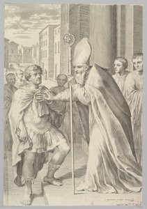 St. Ambrose, Milanon arkkipiispa, keisari Theodosius, 1681. tekijältä Claude Mellan