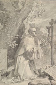 St. Bernard polvistumassa ennen krusifiksia, n. 1655. tekijältä Claude Mellan