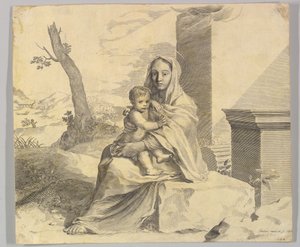 Neitsyt ja lapsi istuvat kalliolla Neitsyt ja lapsi raunioissa, 1659. tekijältä Claude Mellan