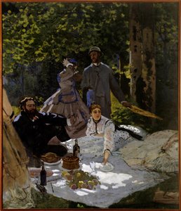 Aamiainen nurmikolla Fragmentti. Vasen osa. Oikea puoli: edustus vasemmalta oikealle Gustave Courbet, Camille Doncieux ja Frederic Bazille (seisomassa keskellä). Claude Monet