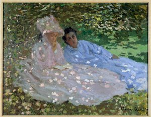 Rouva Monet ja ystävä puutarhassa. Kaksi naista istuu puun varjossa. Claude Monet