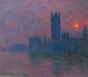 Parlamentti, laskeva aurinko, n. 1900-03 (öljy kankaalle) tekijältä Claude Monet