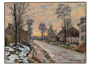 Tie Louveciennesiin, lumen sulaminen, laskeva aurinko, n. 1869-70 tekijältä Claude Monet