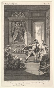 Mies nojaa oikealla ovella seisovaa naista kohti, vasemmalla istuva nainen nostaa..., n. 1784.