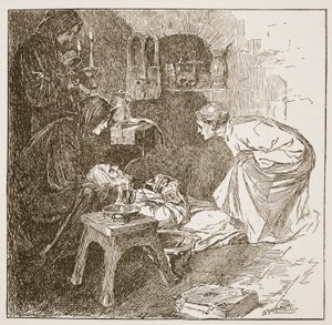 Death of Bede, kuvitus teoksesta "The Church of England: A History for the People", kirjoittanut H.D.M. Spence-Jones, pubi. n. 1910 (seepiavalokuva) tekijältä Claude Shepperson