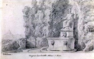 Näkymä suihkulähteelle Villa Medicin puutarhassa, Rooma, n. 1815-20 (kynä paperilla)