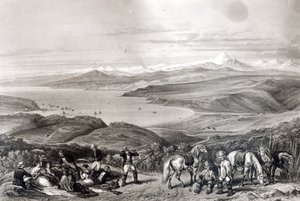 Kaukainen näkymä Aconcaguan tulivuorelle, F. Lehnertin kaivertama "Historia de Chile" tekijältä Claudio Gay