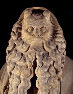 Flanderin goottilainen taide: profeetta Mooses. yksityiskohta jalustasta, jossa Claus Sluterin (1350-1406) esitykset Danielista, Sakariasta, Jesajasta, Moosesta, Jeremiasta ja Daavidista, joka tunnetaan Mooseksen Puits (tai Profeettojen kaivo)