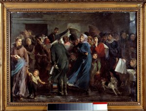 Hännässä on lihakauppa. Pariisin nälkäiset asukkaat odottavat vuoroaan teurastajan talossa Preussia vastaan käydyn sodan aikana 1870-1871. Clement Auguste Andrieux