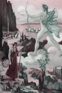 Kutsuminen. Apollon viha: Pappi Chryses kutsuu Apolloa sanoen: "Ajakoon kreikkalaiset pois nuolillanne kyynelistä, jotka he saavat minut vuodattamaan!" . Clement Gontierin (1876-1918) kuvitus Homeren "Iliadille" (Omero). Paris, Henri Laurens