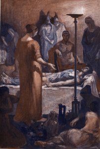 Briseisin valitus (Patroklein haavojen nähdessä). Clement Gontierin (1876-1918) kuvitus Homeren "Iliadille" (Omero). Paris, Henri Laurens