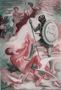 Diomede loukkaantui Venusta yrittäessään pelastaa poikansa Enee. Clement Gontierin (1876-1918) kuvitus Homeren "Iliadille" (Omero). Paris, Henri Laurens
