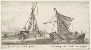 Erilaisia ​​laivoja ja Amsterdamin näkymiä (Verscheÿde Schepen en Gesichten van Amstelredam), osa II: Friisiläinen turveproomu. Dÿnop, lähellä Veenschen turvelampi tekijältä Clement de Jonghe