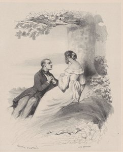 Mies kosimassa naista, jonka kasvot ovat hiusten peitossa, n. 1830-65.