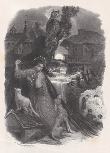 Yö, vinjetti tyttö 1700-luvun puvussa poimimassa ruusuja versossa, n. 1830-65. tekijältä Célestin Nanteuil