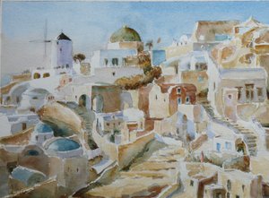 Santorini Oia – Late Afternoon Sun, 2022 (akvarelli)