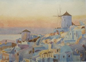 Santorini Oia – Auringonlasku, Valaistusaika, 2019 (akvarelli)