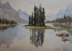 Spirit Island, Maligne Lake (1), 2016 (akvarelli) tekijältä Clive Wilson