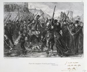 Ranskan ja Preussin sota 1870-1871: Buzenvalin taistelu (Mount Valerien) lähellä Versaillesia 19. tammikuuta 1871. Garde National marssi taisteluun ja tappioon. Clement August Andrieux