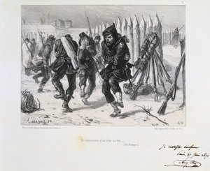 Ranskan ja Preussin sota 1870-1871. Pariisin piiritys 19.9.1870-28.1.1871. Sotilaat valleilla hyppimässä pitääkseen lämpimänä. Clement August Andrieux