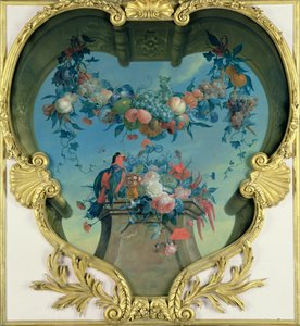 Jalustan päällä riippuva hedelmäjuhla, jossa on kukkia ja punavihreä papukaija, c. 1730-31 tekijältä Coenraet Roepel