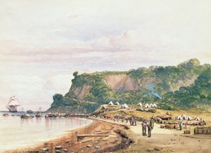 Britti- ja ranskalaisjoukkojen maihinnousu Varualle Mustanmeren rannalla H.M.S.Bellerophonilta, 17. heinäkuuta 1854 Krimin sodassa (akvarelli) tekijältä Colonel Ben Hallewell