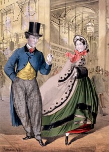 Nainen ja herrasmies Oxford Music Hallin sisäänkäynnin luona, Oxford St, Westminster, c1860 tekijältä Concanen and Lee