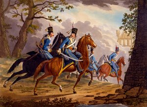 Itävallan husaarit jahtaamassa vihollista, 1799 (käsinvärinen akvatinta)