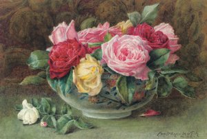 Asetelma ja kulho vaaleanpunaisia, keltaisia ja punaisia ruusuja, 1883 tekijältä Constance Lawson