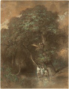 Kylpijöitä jättiläistammen luona, n.1842-1844 (hiili paperille).