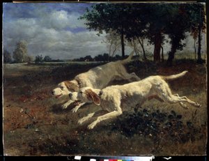 Juoksevat koirat. Constant Troyonin (1810-1865) maalaus. Öljy kankaalle, 75 x 11 cm tekijältä Constant Emile Troyon