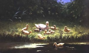 Ankanpojat joen rannalla (öljy kankaalle)
