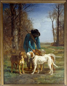 Metsästäjävartijat pysähtyvät hänen koiriensa luona. Constant Troyonin maalaus (1810-1865)