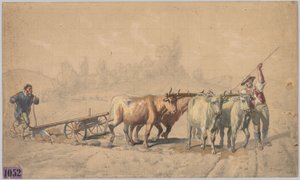 Neljä härkää vetää auraa, 1853.