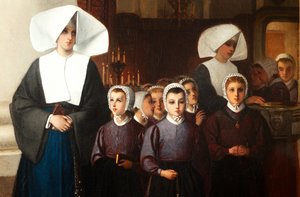 Maalaus. Signeerattu ja päivätty: Constant Meunier 1864. Orvot. Öljy kankaalle. Yksityiskohta. tekijältä Constantin Emile Meunier