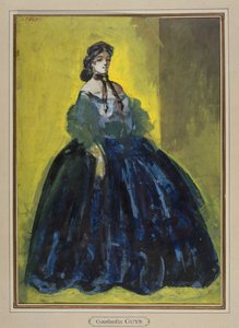Studie einer Frau im blauen Kleid vor gelbem und grünem Hintergrund, um 1865