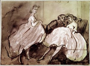 Kaksi prostituoitua ja viettelykohtauksen asiakas bordellissa. Constantin Guysin (1805-1892) piirustus 1800-luvun Pariisi, Musee Carnavalet