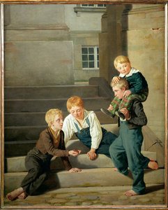 Pojat pelaavat noppaa Christiansborgin palatsin edessä Kööpenhaminassa (maalaus kankaalle). tekijältä Constantin Hansen
