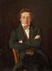 Muotokuva Martin Hammerichista (1811-1881), myöhemmin professori, kolmen neljäsosan pituinen muotokuva, kasvot menosuuntaan tekijältä Constantin Hansen