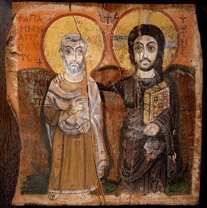 Koptilainen taide: "" Kristus ja Abbe Mena"" Saint Menas (Minas, Mina, Mena, Mennas), 3. vuosisadan egyptiläinen marttyyri. Maalifragmentti puulle (detrempe viikunapuulla) 6. tai 7. vuosisadalta Mitat: 57x57cm. Baouit-sivustolta Egyptistä. - Koptilainen ta