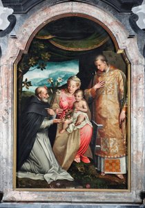 Neitsyt ja lapsi Saint Vincent Ferrierin (1350-1419) ja Saint Vincent Zaragozalaisen (4. vuosisata) välillä (Neitsyt lapsen kanssa Vincent Zaragozalaisen ja Vincent Ferrerin kanssa) Coriolano Malagavazzon maalaus (1500-luku) 1595 Elatellanin kappeli, basil tekijältä Coriolano Malagavazzo