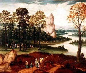 Laaja metsäinen jokimaisema, jossa Pyhä Johannes Kastaja saarnaa tekijältä Cornelis (after) Massys
