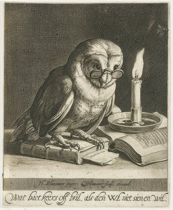 Pöllö lasien ja kirjojen kanssa. Noin 1625