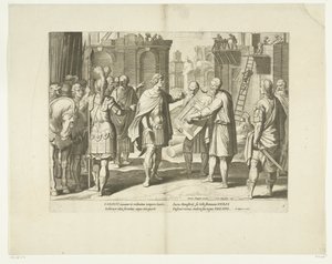 Karel V laat een klooster bouwen, 1555, nr. 8 Scenes uit het leven van Karel V (sarjan nimi) Keisari Kaarle V:n elämä erittäin kauniissa kaiverruksissa, jotka on kaiverrettu kuuluisan A. Tempesten kuvioihin, kahden taitavimman mestarin J. de Geinin ja