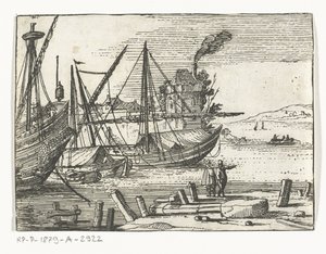 Vista del port amb dos vaixells de vela i un galió, dos homes dempeus al moll Paisatges i marines (títol de la sèrie) acabat tekijältä Cornelis Bol (attributed to)