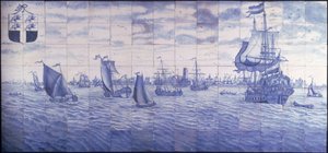 Panoraamanäkymä Rotterdamin satamaan, n. 1700 (keraaminen) tekijältä Cornelis Boumeester